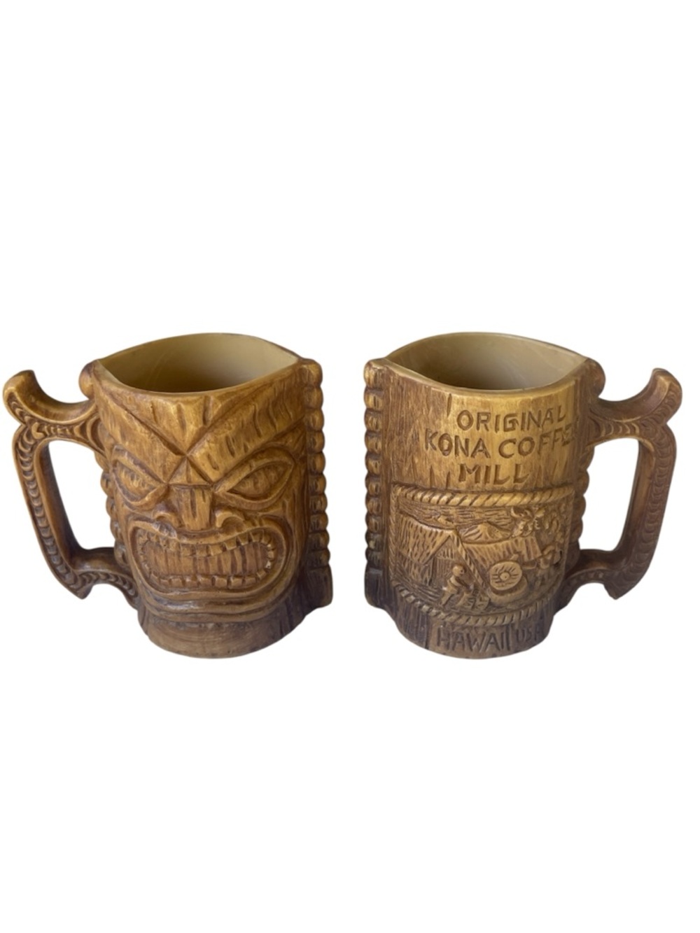 Vintage Original Kona Coffee Mill Mugs Plastic Tiki Hawaii Souvenir Set Of 2